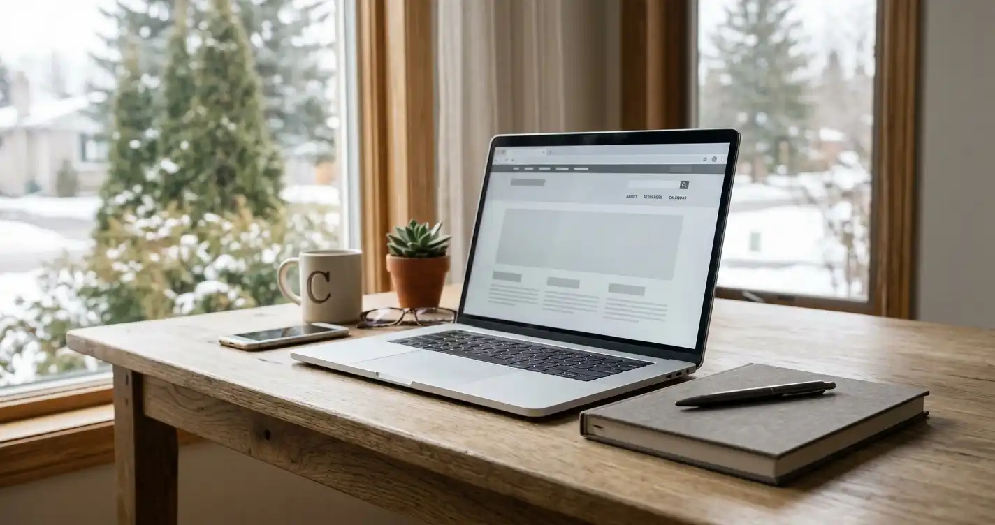 Open notebook beside a laptop on a quiet editorial desk