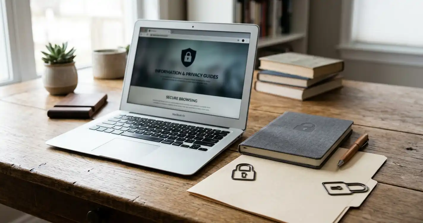 Closed notebook and privacy folder beside an unbranded laptop