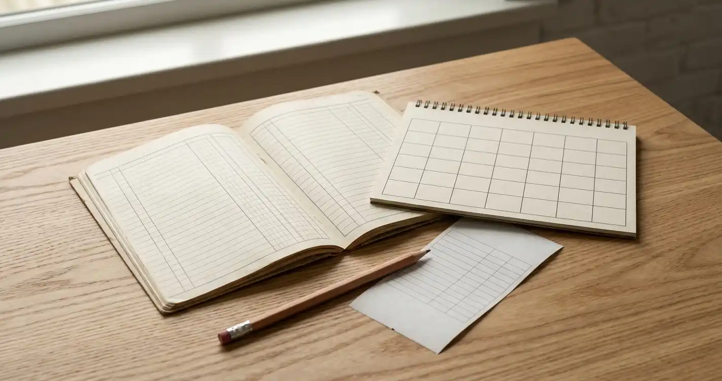 Blank transaction ledger, calendar and bank receipt arranged on a wooden desk